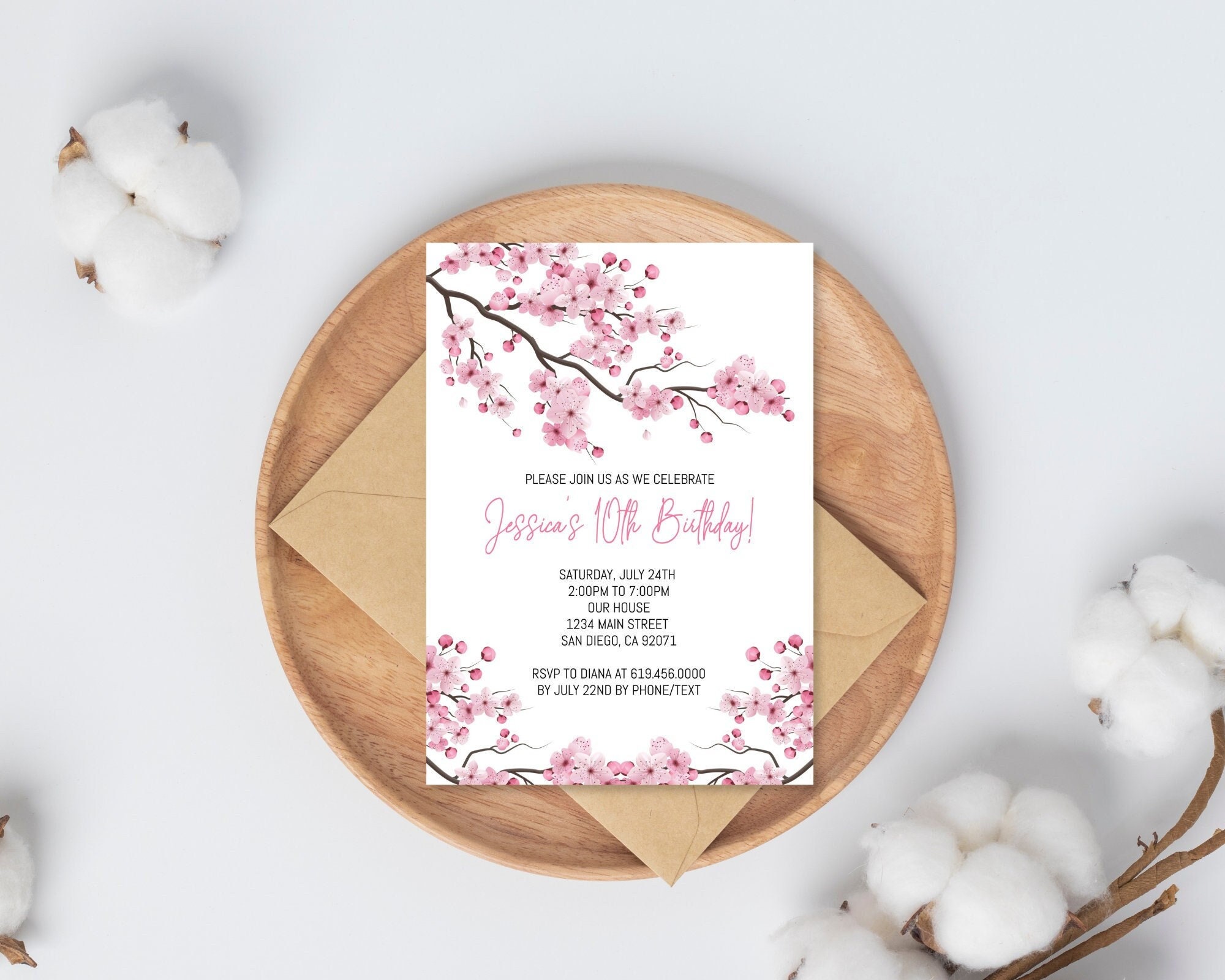 Modello di invito di compleanno con fiori di ciliegio per ragazze/donne/adolescenti/bambini, inviti giapponesi, modello Corjl fai da te, inviti di compleanno rosa - Italia