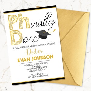 Bearbeitbare Ph.D.-Abschlusseinladung, druckbare Doktoranden-Graduiertenfeier, College-Grad, PHinally Done Grad Party Digitale Einladung, Corjl-Vorlage