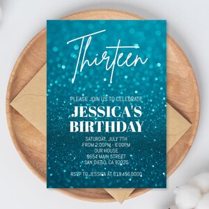 Glitter Teal Geburtstagseinladung Vorlage/Mädchen Frauen Kinder Teenager/jedes Alter/Glitter Geburtstagsfeier einladen/Instant Download Corjl DIY Digital