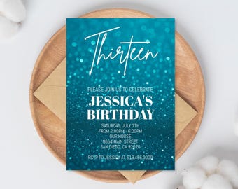 Glitter Teal Birthday Invitation Template/Girls Women Kids Teens/ANY AGE/Glitter Birthday Party Invite/Instant Download Corjl DIY Digital