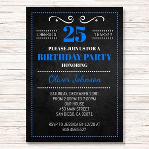 25th Birthday Party Invitation, INSTANT DOWNLOAD Digital Template, ANY Age, Chalkboard Blue Black White, Cheers to 25 Years, Blue Invitation