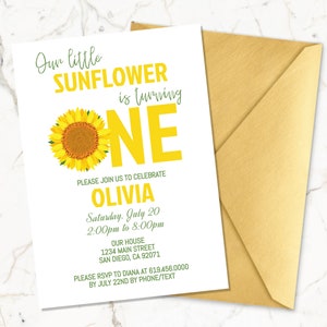 Editable Sunflower 1st Birthday Invitation Girl, Our Little Sunflower Birthday Invitation, Sunflower Summer First Birthday Party Invitation