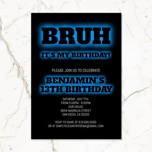 Invitación Bruh, invitación de cumpleaños negra y azul para niños adolescentes, cualquier edad, plantilla de invitación de cumpleaños azul neón, descarga instantánea