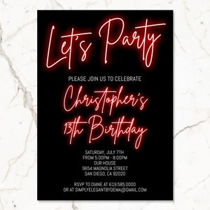 Black & Red Birthday Invitation for Boys Teens Kids/ANY AGE/Neon Red Birthday Invitation Template/Instant Download/Glow in the Dark Party