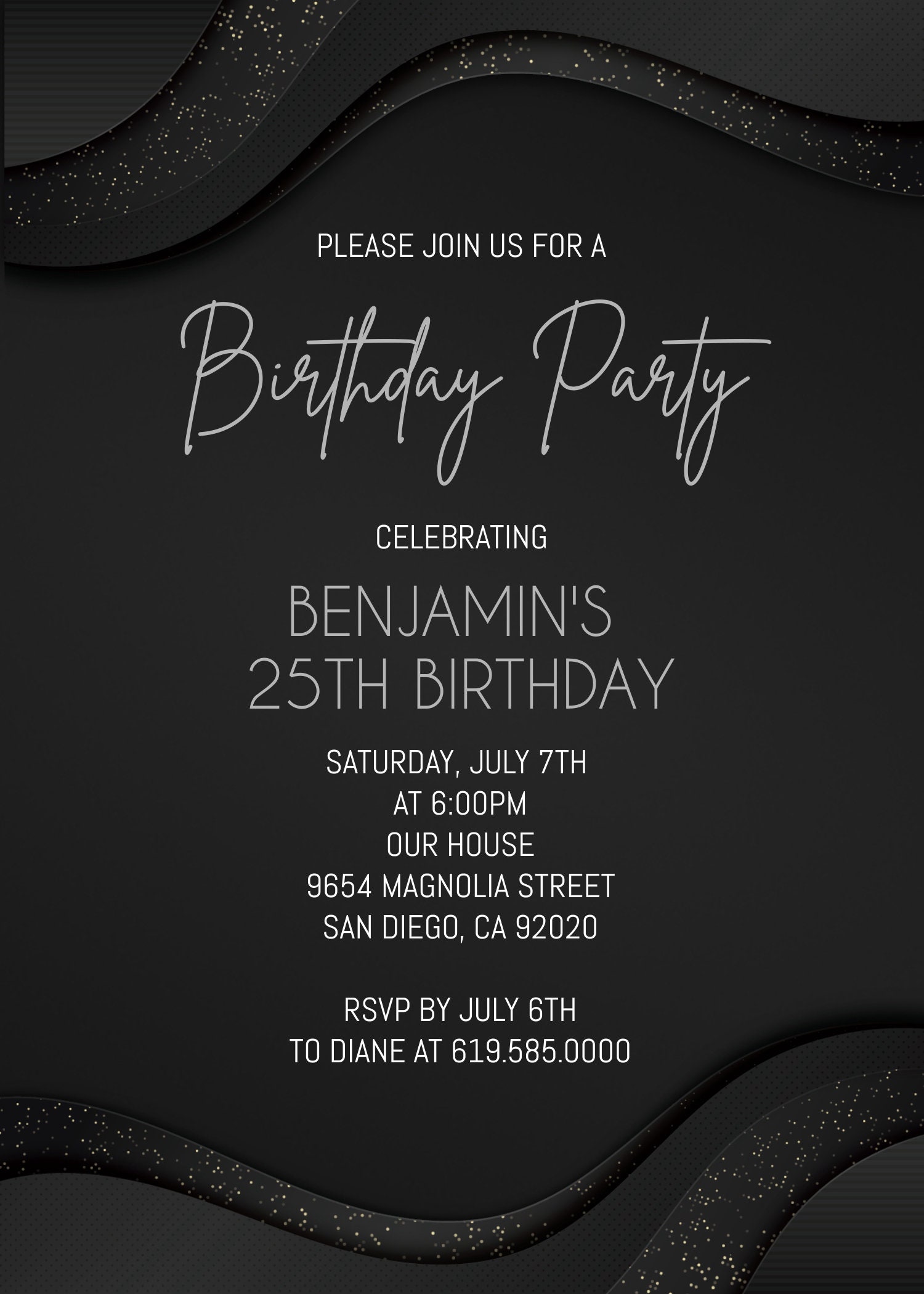 Editable Silver & Black Birthday Invitations/any Age/luxury Black Editable Silver & Black Birthday Invitations/any Age/luxury Black