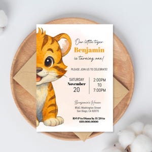 Little Tiger Birthday Invitation, Tiger Theme Birthday Invitation, Party Invite, Safari Animals Wild One, Corjl DIY Instant Download Digital