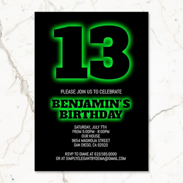 Black & Green Birthday Invitation for Boys Teens Kid/ANY AGE/Neon Green Birthday Invitation Template/Instant Download/Glow in the Dark Party