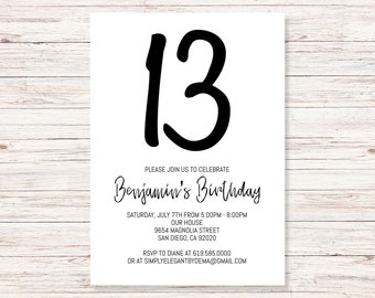 Simple Black and White Birthday Invitation Template, ANY AGE, Instant Download Birthday Invitation for Boys Teens Kids Girls, Corjl DIY