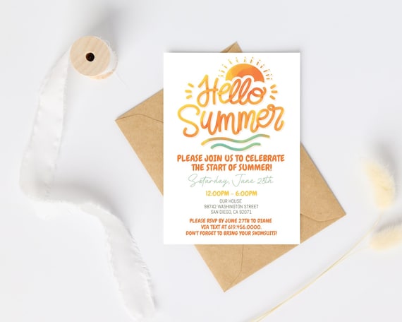 Hello Summer Party Invitation Template, Sun Invitation, Summer Party, Last Day of School, Neighborhood Party, Orange Birthday Party, Corjl
