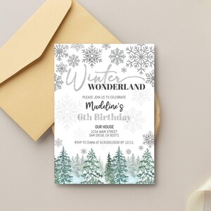 May include: Winter Wonderland themed birthday party invitation with silver snowflakes and a forest scene. The invitation says "Please join us to celebrate Madeline's 6th Birthday".