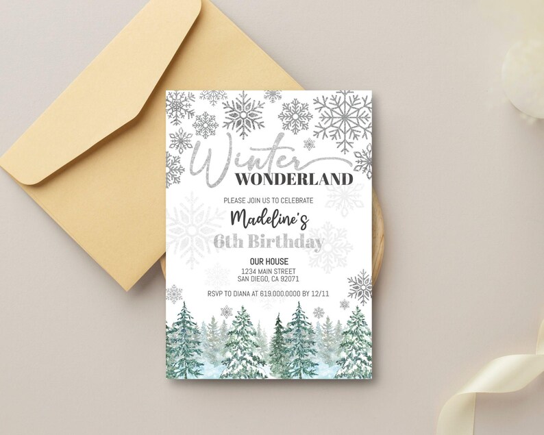 May include: Winter Wonderland themed birthday party invitation with silver snowflakes and a forest scene. The invitation says "Please join us to celebrate Madeline's 6th Birthday".
