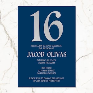Silver and Navy Birthday Party Invitations/ANY AGE Editable/Silver Foil Birthday Invitations/Blue & Silver Birthday Invitations Template DIY