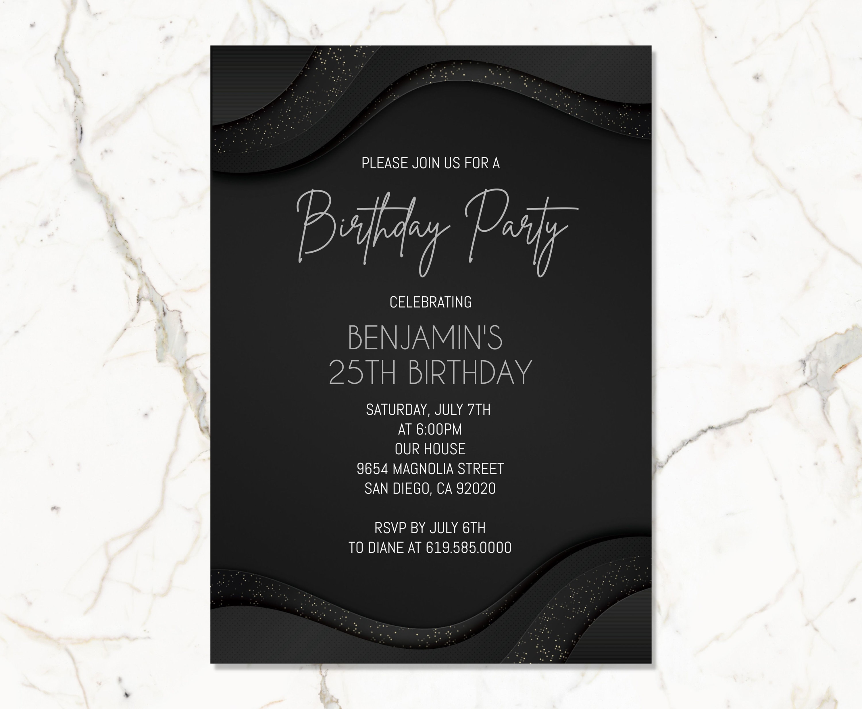 Editable Silver & Black Birthday Invitations/any Age/luxury Black Editable Silver & Black Birthday Invitations/any Age/luxury Black