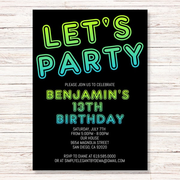 Neon Light Birthday Invitation for Teens Boys Teenagers Girl Adults Kids/ANY AGE/Blue Green Black Birthday Invitation/Instant Download Corjl