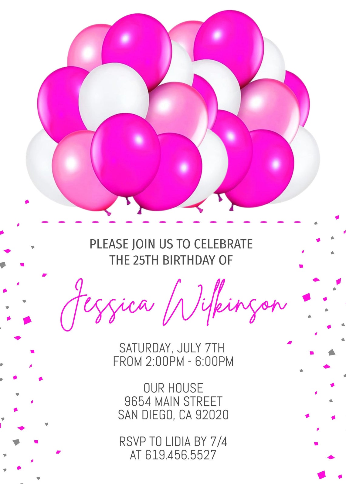 Hot Pink Balloons Birthday Invitation Template Pink White - Etsy