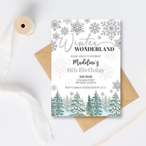 May include: A white invitation with a winter wonderland theme. It features a silver snowflake design and the text "Winter Wonderland" with "Madeline's 6th Birthday" below. The invitation includes the details of the party, including the address, date, and RSVP information.