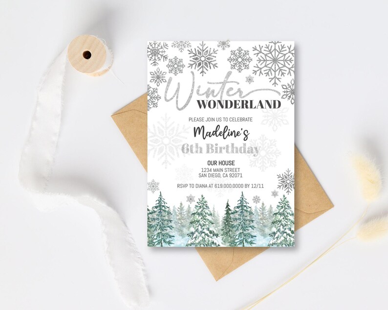 May include: A white invitation with a winter wonderland theme. It features a silver snowflake design and the text "Winter Wonderland" with "Madeline's 6th Birthday" below. The invitation includes the details of the party, including the address, date, and RSVP information.