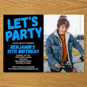 Photo Black and Blue Birthday Invitation for Teens Boys Teenagers Kids/ANY Age Color/Blue Birthday Invitations for Kids/Corjl Template