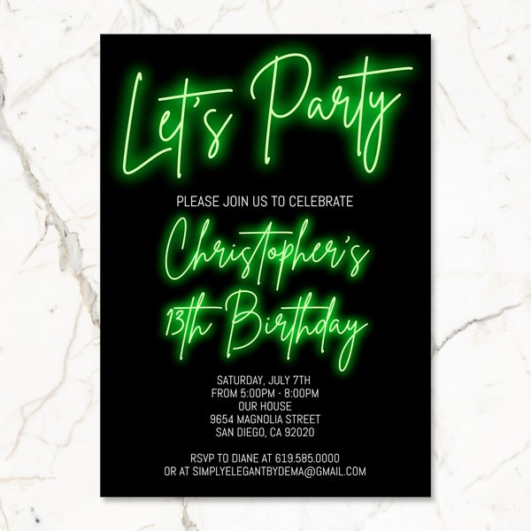 Black & Green Birthday Invitation for Boys Teens Kid/ANY AGE/Neon Green Birthday Invitation Template/Instant Download/Glow in the Dark Party