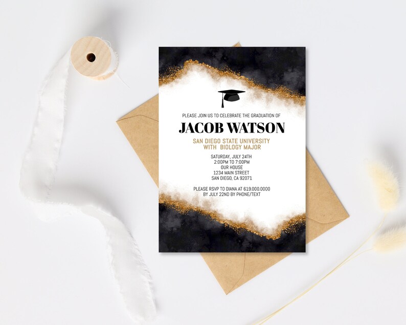 Black and Gold Graduation Invitation Template, DIY Corjl Invite ...