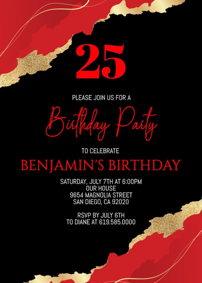 Editable Red, Gold, & Black Birthday Invitations/any Age/luxury Red ...