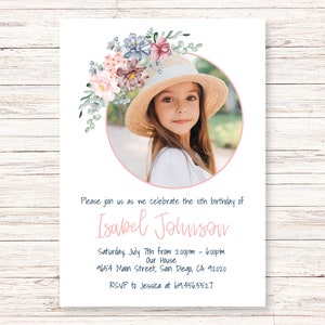 Plantilla de invitación para fiesta de cumpleaños editable con imagen, flores de acuarela en tonos rosa y rubor, pruébelo antes de comprarlo, Corjl, para niñas, mujeres y niños