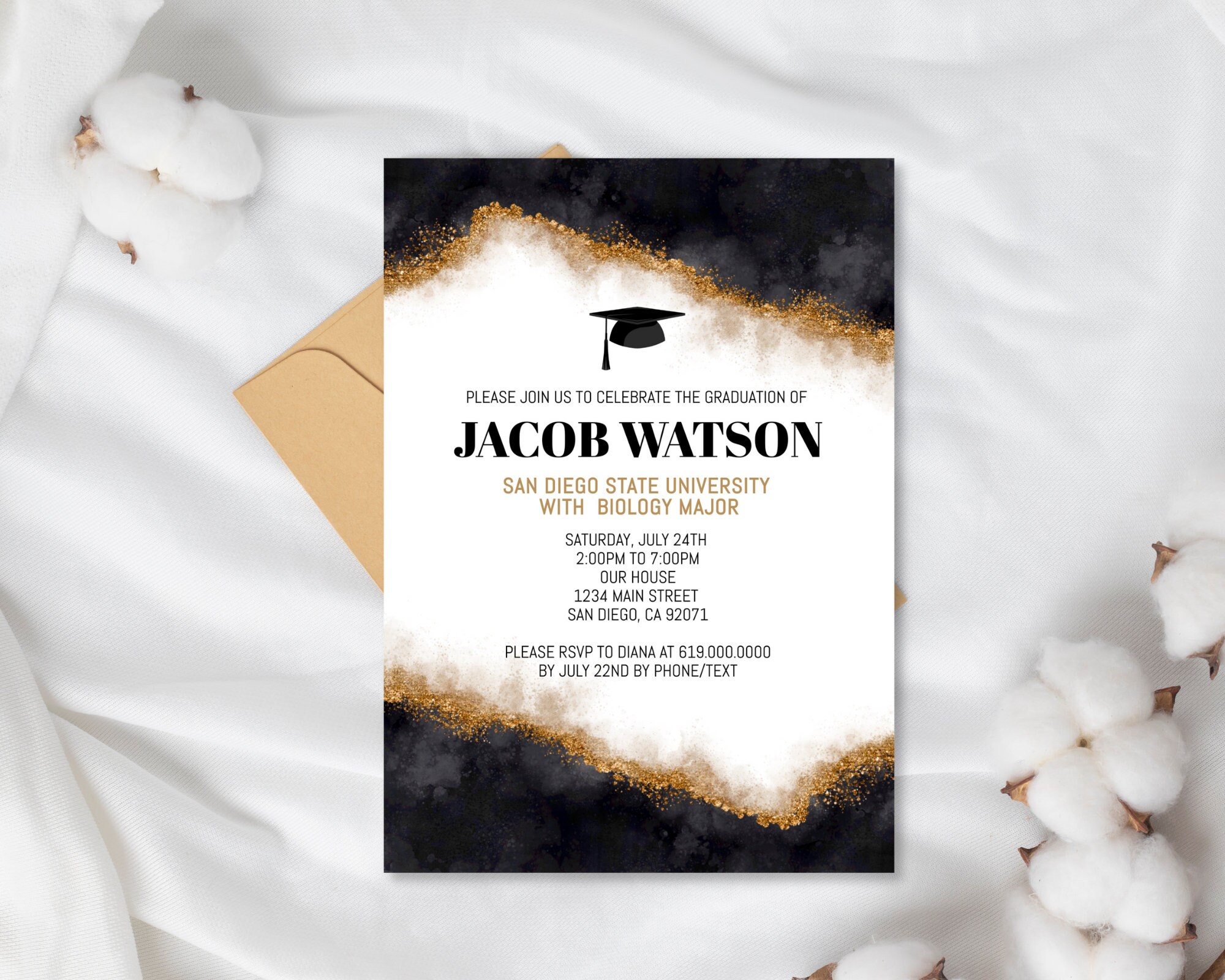 Black and Gold Graduation Invitation Template, DIY Corjl Invite ...