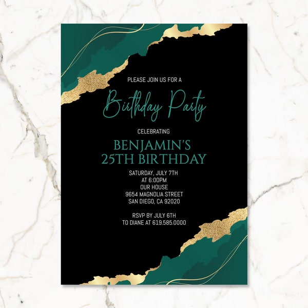 Editable Green, Gold, & Black Birthday Invitations/ANY AGE/Luxury Green Birthday Invitation Template/Instant Download/Adults, Kids, Teens