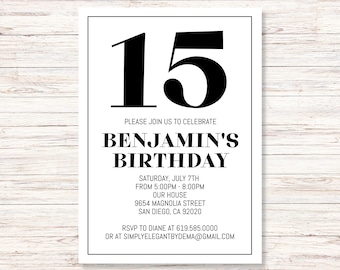 Simple Black White 15th Birthday Invitation, ANY AGE, Instant Download Birthday Invite, 15th Invitation for Boys Teens Kids, Corjl Template