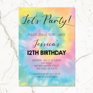 Tie Dye Geburtstagseinladung, Regenbogen Tie Dye Geburtstagseinladungen, bearbeitbare Tie Dye Party Druckbare Einladungen, sofortiger Download Corjl DIY