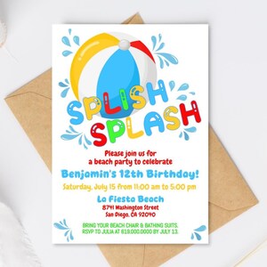 Beach Birthday Party Invitation Template, Summer Pool Birthday Party Invitation, Pool Invite, Corjl DIY Instant Download evite Splish Splash