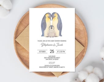 May include: A baby shower invitation with a watercolour illustration of a penguin family. The invitation includes the names "Stephanie & Jacob", the date October 25th, and the time 1:00 PM. The invitation is on a white background.