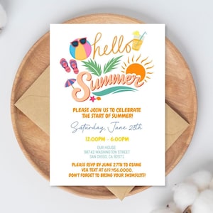 Modèle d'invitation fête d'été bonjour, invitation soleil, fête d'été, dernier jour d'école, fête de quartier, fête d'anniversaire, bricolage Corjl