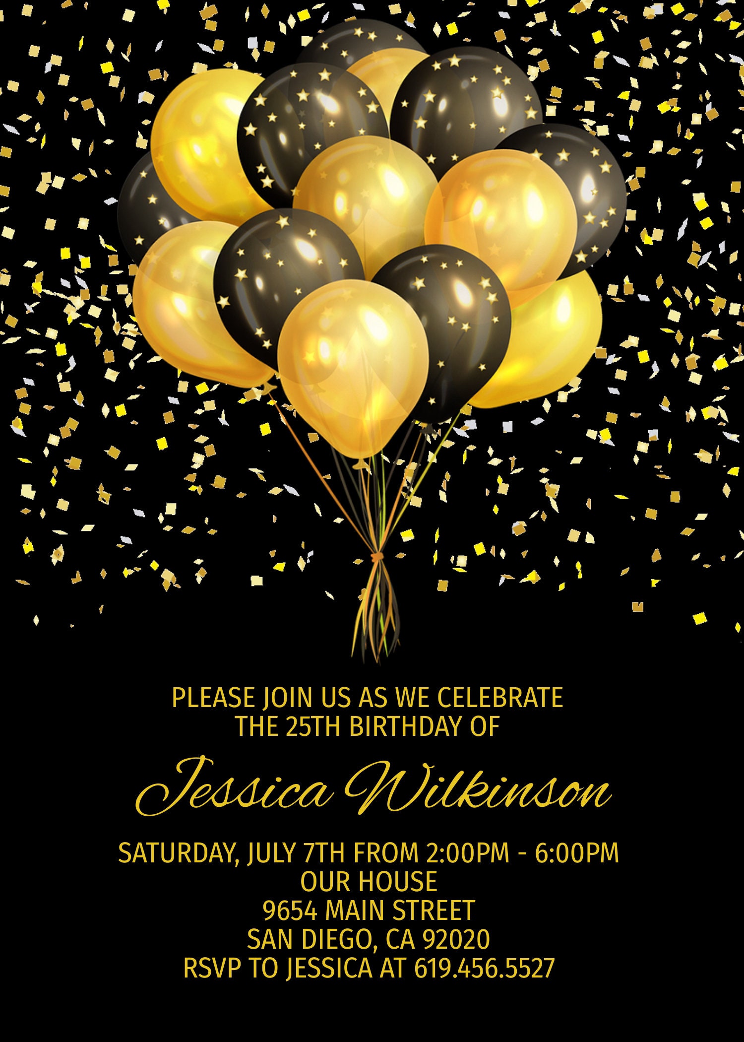 Black and Gold Birthday Invitation Template, Editable Birthday