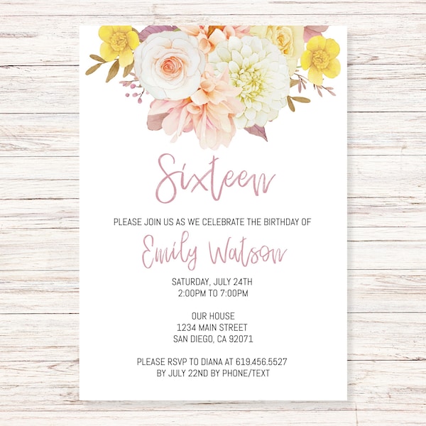 Pink & Yellow Flowers Birthday Invitations for Girls, Women, Teens, Kids/Pink Floral Birthday Invitations Template/Pink Birthday Invitations