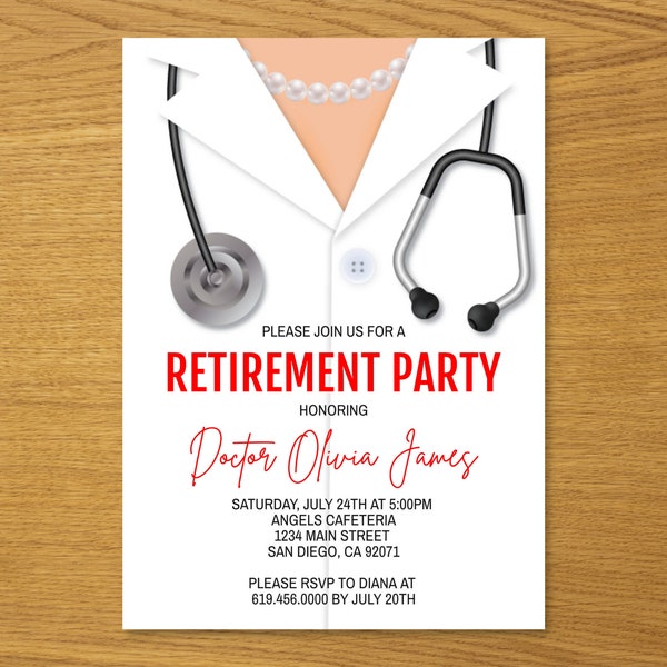 Doctor Retirement Invitations Template, Doctor Retirement Party Invitation for Women, Pharmacist, Medical Retirement, Stethoscope, Corjl DIY