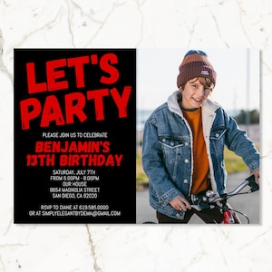 Photo Black and Red Birthday Invitation for Teens Boys Teenagers Kids/ANY Age Color/Corjl/Red Birthday Invitations for Kids/Instant Download