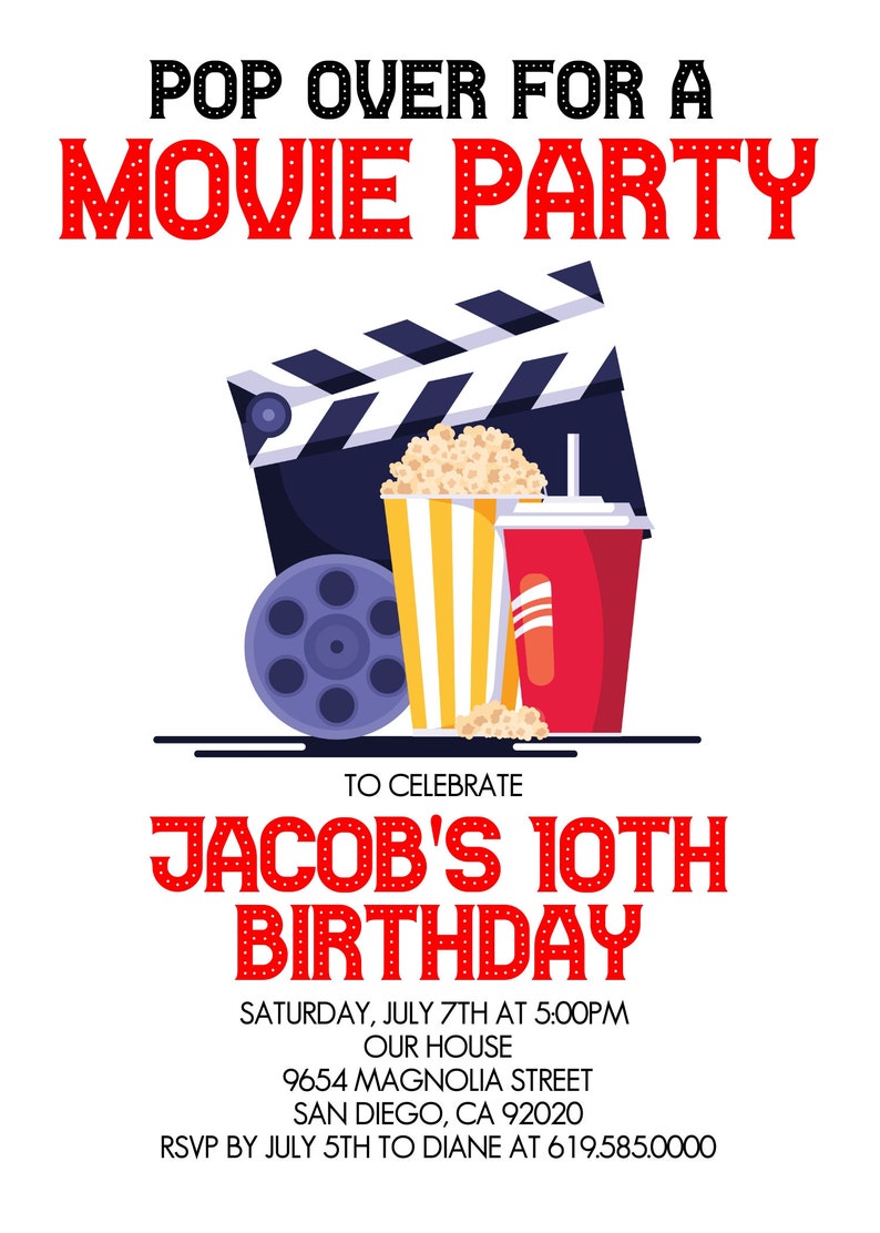 Movie Birthday Invitation, Cinema Birthday Invitation ,pop on Over ...