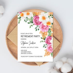 Ruhestand Party Einladung Vorlage, Pink Blumen Ruhestand Feier Einladung, Pink Blumen Ruhestand, Sofort Download Corjl DIY