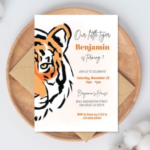 Little Tiger Birthday Invitation, Tiger Theme Birthday Invitation, Party Invite, Safari Animals Wild One, Corjl DIY Instant Download Digital
