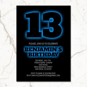 Black & Blue Birthday Invitation for Boys Teens Kids/ANY AGE/Neon Blue Birthday Invitation Template/Instant Download/Glow in the Dark Party