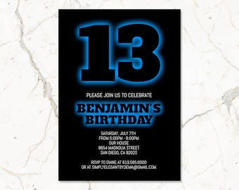 Black & Blue Birthday Invitation for Boys Teens Kids/ANY AGE/Neon Blue Birthday Invitation Template/Instant Download/Glow in the Dark Party