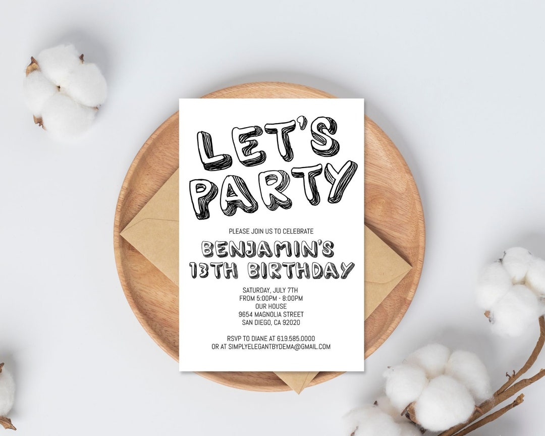 Simple Black and White Birthday Invitation Template, ANY AGE, Instant ...