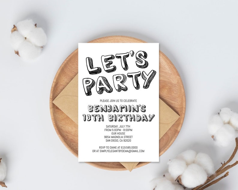 Simple Black and White Birthday Invitation Template, ANY AGE, Instant Download Birthday Invitation for Boys Teens Kids Girls, Corjl DIY image 1