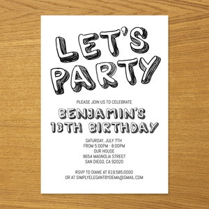 Simple Black and White Birthday Invitation Template, ANY AGE, Instant Download Birthday Invitation for Boys Teens Kids Girls, Corjl DIY image 3