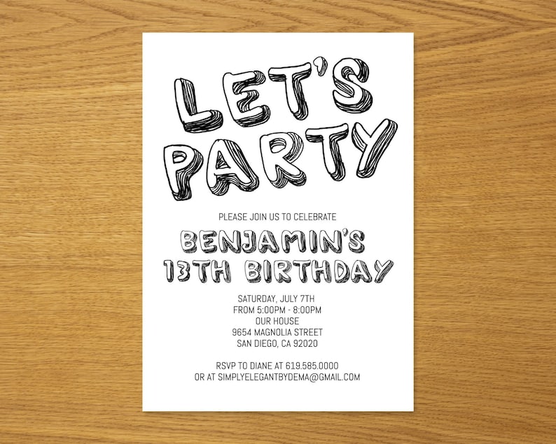 Simple Black and White Birthday Invitation Template, ANY AGE, Instant Download Birthday Invitation for Boys Teens Kids Girls, Corjl DIY image 3