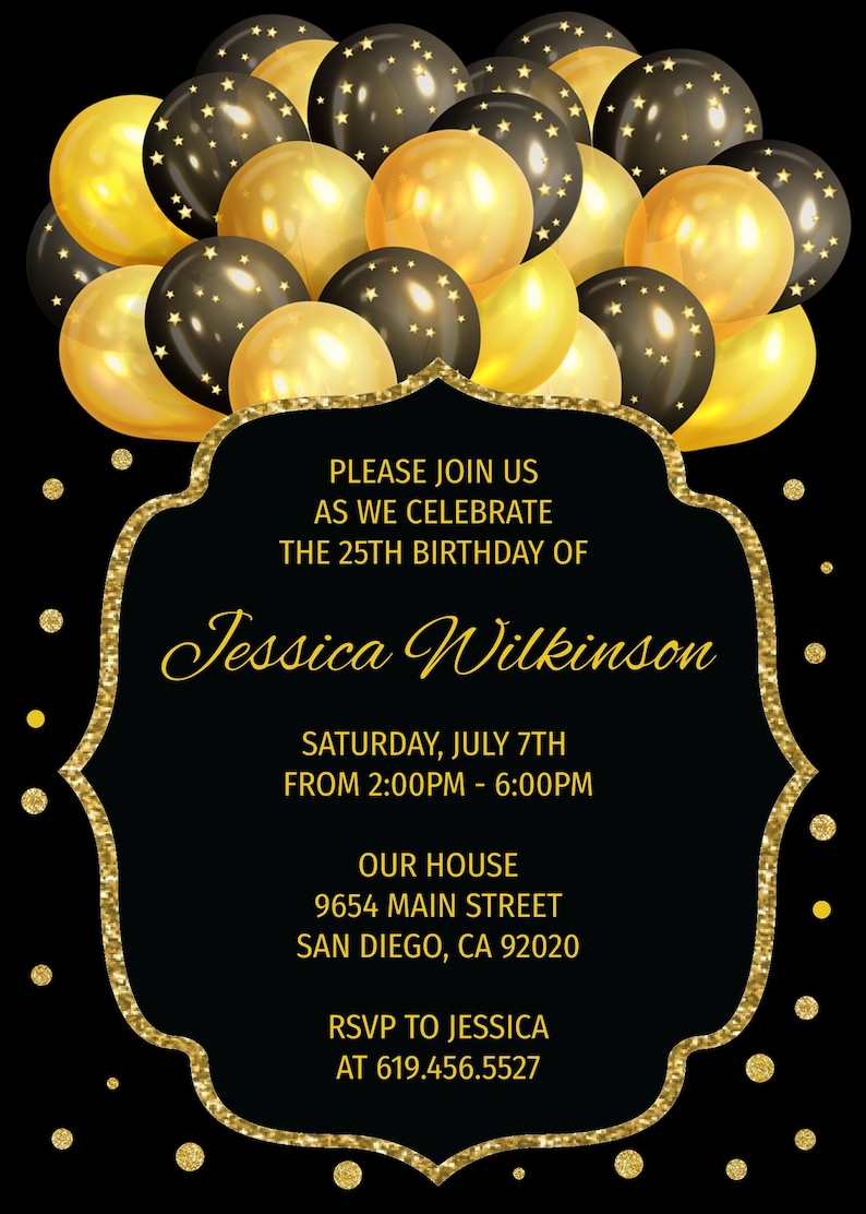 Black and Gold Birthday Invitation Template, Editable Birthday ...