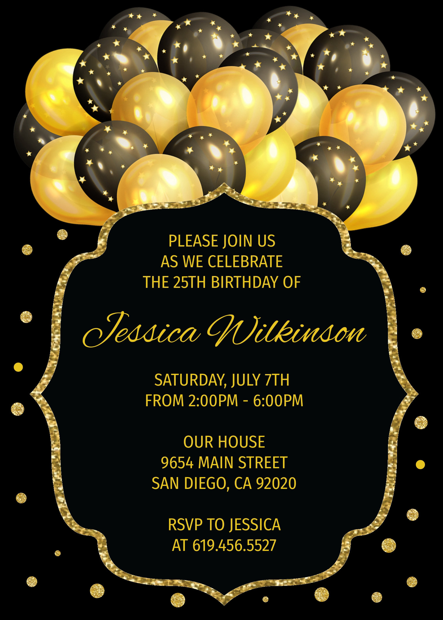 Black and Gold Birthday Invitation Template, Editable Birthday