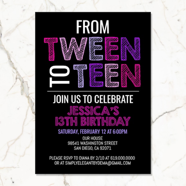 13th Birthday Invitation Template, Black Pink Purple Tween to Teen Birthday Invitation, for Teens Girls Kids, Instant Download, Corjl DIY