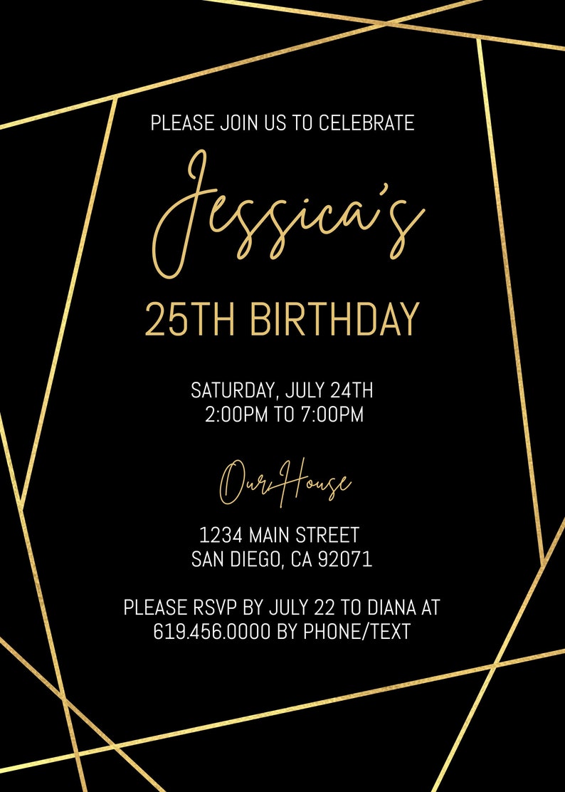 Luxury Black Gold Birthday Invitation Template, Elegant Template Design